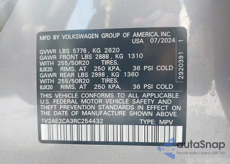 2024 Volkswagen Atlas Cross Sport 2.0T Sel R-Line z USA, uszkodzony, nr VIN 1V2AE2CA3RC254432